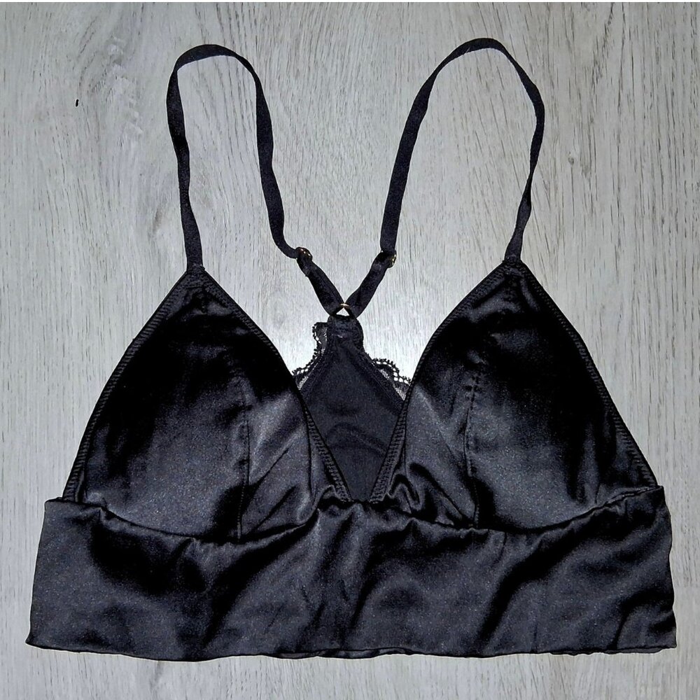 Victoria's Secret Silky Satin Black Lace Trim Triangle Bralette Size Small
